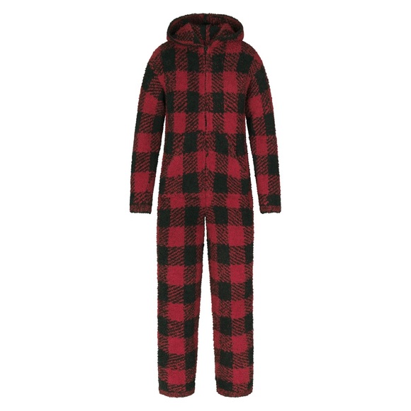 NEW Skims Cozy Unisex Onesie Fleece Hooded Black area Buffalo Check Plaid *T - Picture 4 of 13